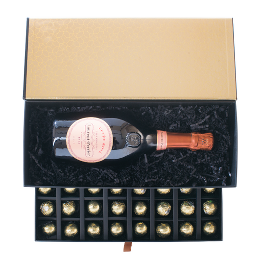 Geschenkbox mit Laurent-Perrier Rosé Brut und Pralinen