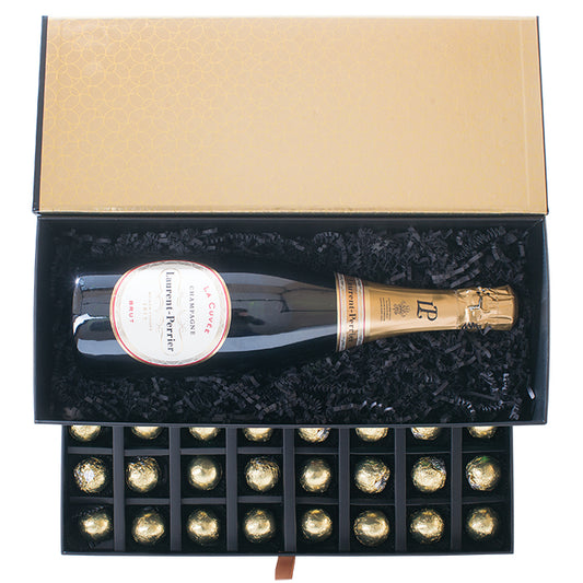 Geschenkbox mit Laurent-Perrier Brut und Pralinen